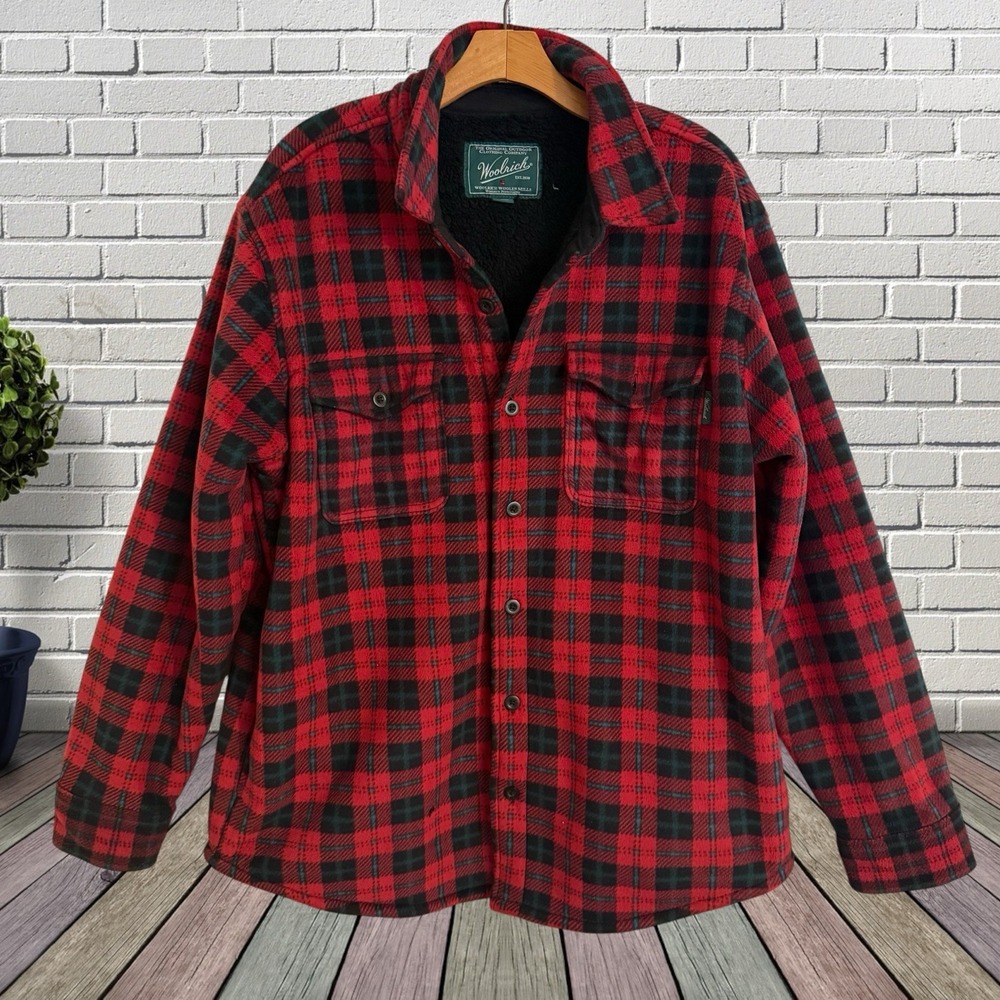 Vintage Woolrich Shacket Mens L Plaid Wool Sherpa Lined Lumberjack Warm Pockets